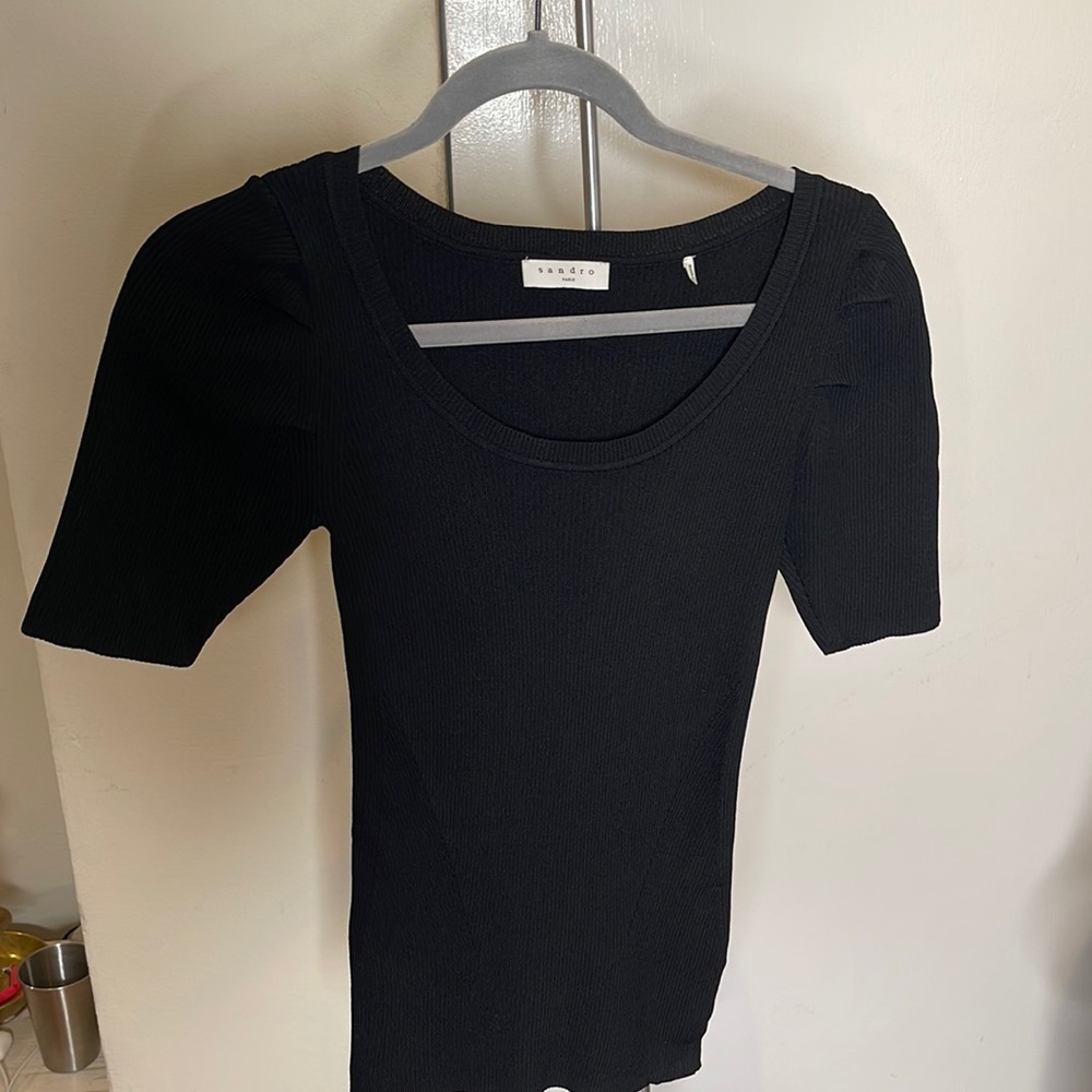 Sandro XS Black Ribbed Boat Neck Top Mint Condition